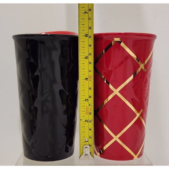 Starbucks Quilted Red Gold & Black Red Ceramic Tumblers Set Of 2 - Picture 12 of 12